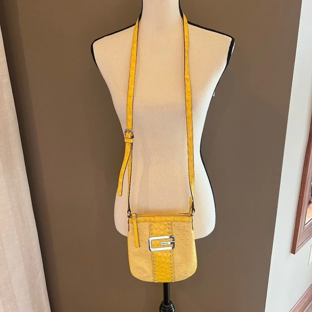 Guess Gold Yellow Crossbody Bag, Floral Print Inside, Silver G